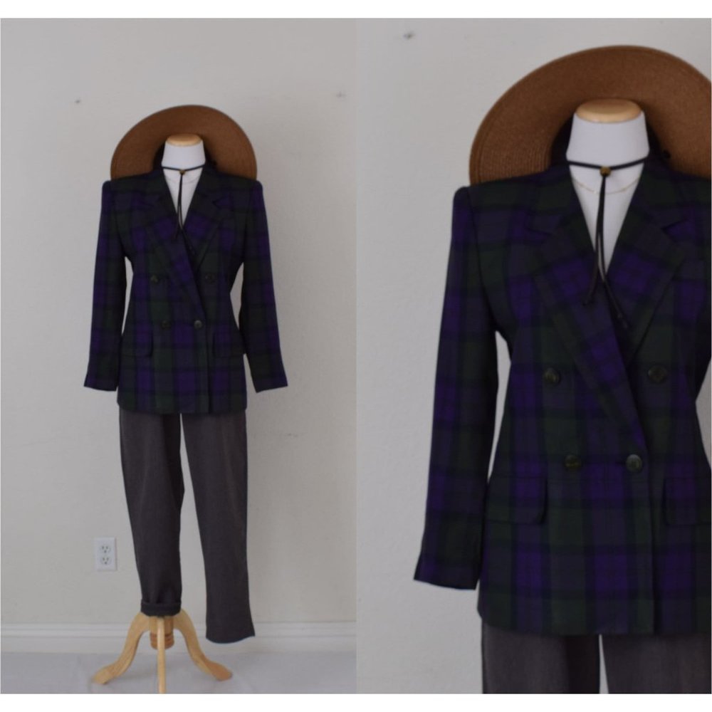Vintage 90s Green and Purple Plaid Rayon Blazer‎ by KASPER size 8